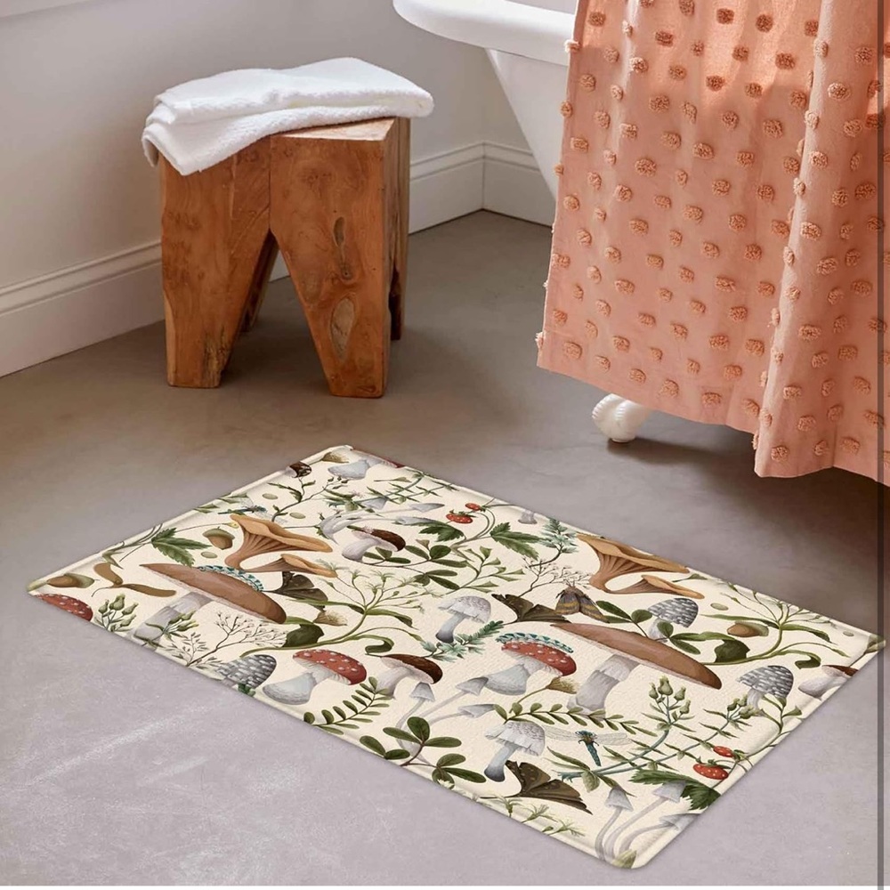 Botanical Mushroom Bath Mat - Neutral Forest Print, Memory Foam, NWOT - Picture 5 of 9